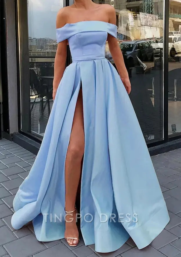 TingPo Wholesale Elegant A-line Off-the-Shoulder Sleeveless Long/Floor-Length Satin Prom Dress With Split